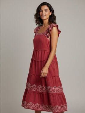 Knox Rose Brick Red Embroidered Tiered Midi Nap Dress Sz Large